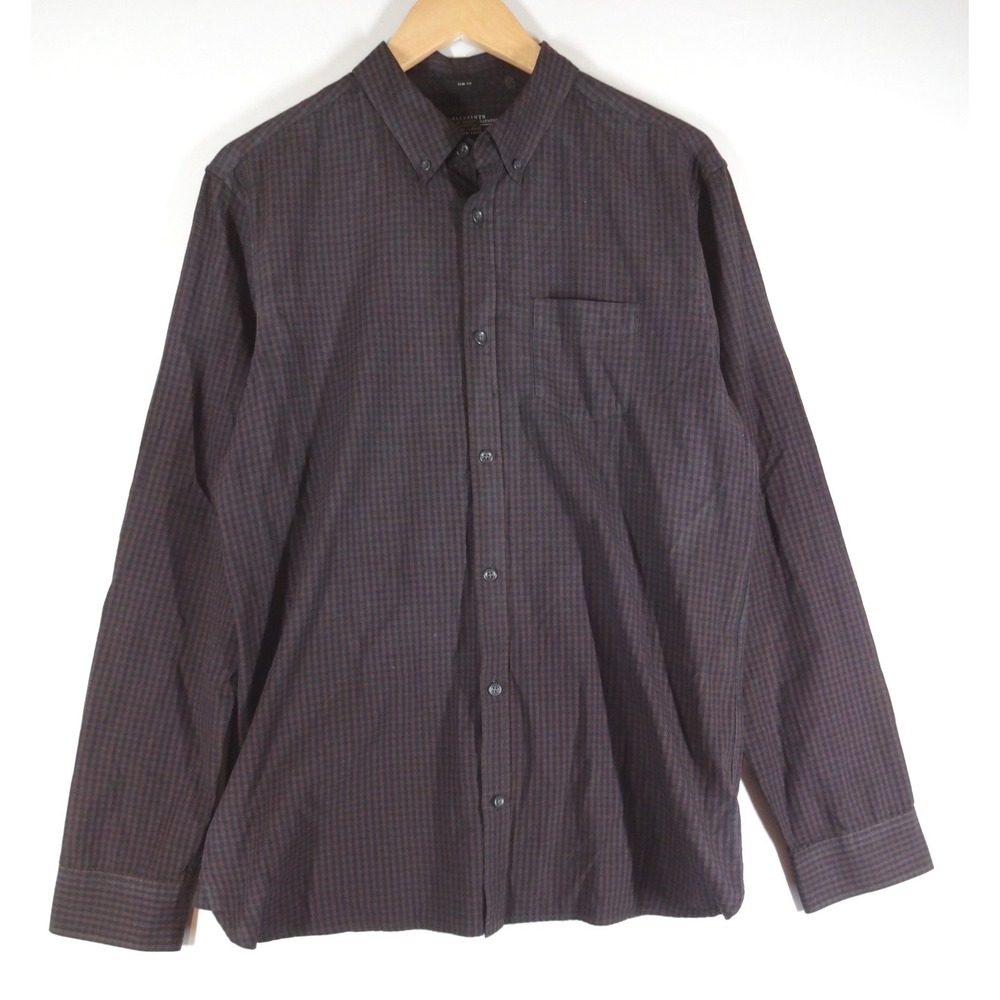 AllSaints Sakamoto LS Shirt Mens Large Navy Brown Gingham Slim Fit Check